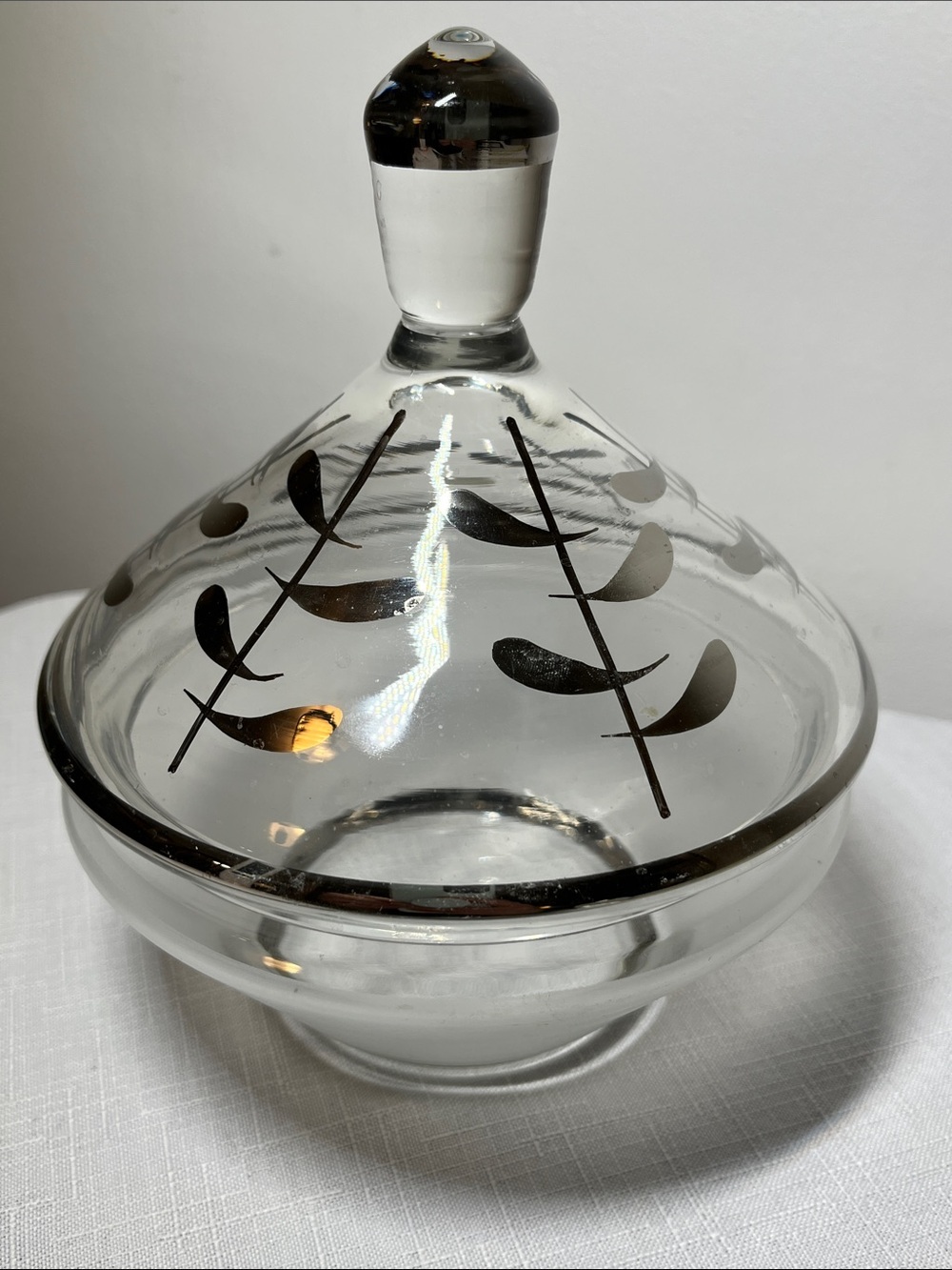 Vintage Clear Glass Lidded Candy Dish with Silver Leaf Motif - Picture 4 of 10